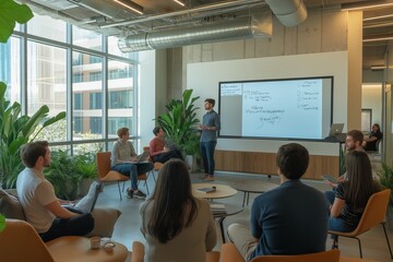 Poster - The Collaborative Business Meeting occurs in a Modern Office Space, designed to inspire creativity and teamwork as professionals brainstorm and share innovative solutions to their challenges