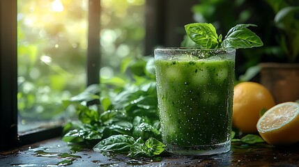 Wall Mural - A refreshing green drink with mint and lemon served in a glass, surrounded by fresh herbs, highlighting a vibrant, natural setting.