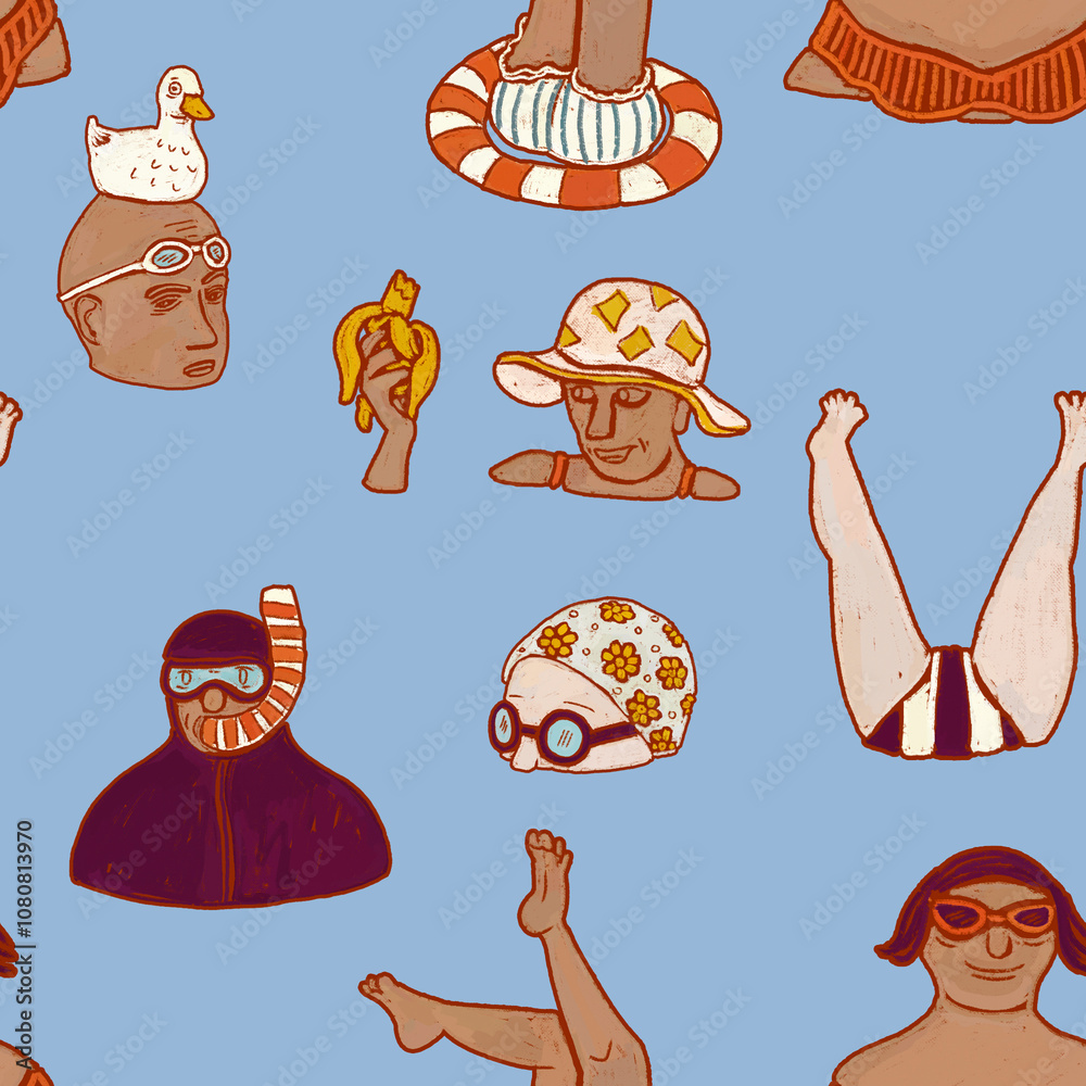 Seamless pattern illustration - people swimming on the beach. Heads ...