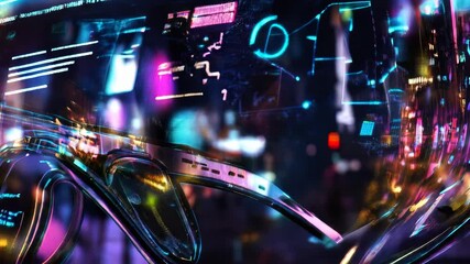Poster - augmented reality glasses showcase a futuristic cityscape, featuring vibrant data and information ov
