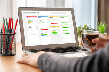 Poster - project planning software for modish business project management on the computer screen showing time