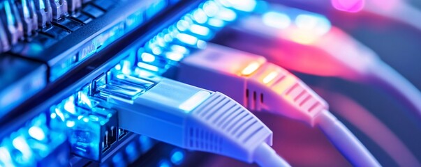 Poster - Ethernet cables connecting to network switch with blinking lights