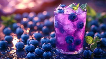 Wall Mural - A refreshing blueberry cocktail placed among fresh blueberries, featuring ice and mint leaves, capturing vibrant colors and summer vibes.