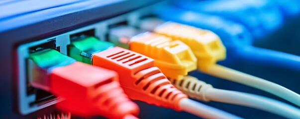 Aufkleber - Colorful ethernet cables connecting to router providing internet access