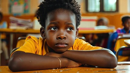 Poster - In a lively classroom filled with other students, a young boy rests his chin on his arms, gazing thoughtfully into space while the lesson unfolds around him.