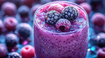 Wall Mural - A vibrant berry smoothie topped with fresh raspberries and blackberries, set against a soft, colorful background.