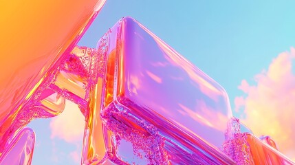 Poster - Vibrant Violet and Orange Glossy Blocks, a modern tech-inspired wallpaper design featuring precisely aligned 3D rendered elements, enhancing contemporary digital aesthetics.