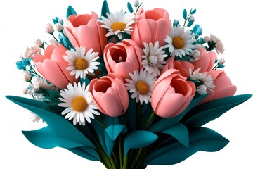 Aufkleber - Flat 2D illustration of a bouquet of tulips and daisies in soft colors on a white background, cheerful and simple