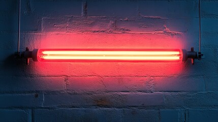 Poster - Vibrant Red Neon Light Tube Illuminating Urban Wall in Dark Background Creating Modern Atmosphere for Contemporary Design and Artistic Spaces