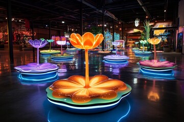 Poster - Futuristic garden with high-tech flowers and plants glowing in vibrant colors, illuminated by soft neon lights