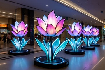Poster - Futuristic garden with high-tech flowers and plants glowing in vibrant colors, illuminated by soft neon lights