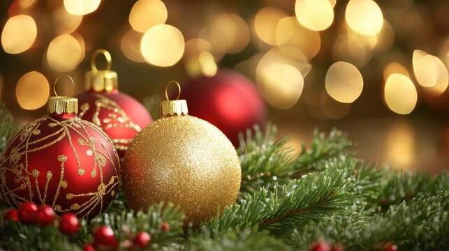 A blank greeting card on a Christmas-themed background, surrounded by gold and red ornaments, ready for a personal holiday message to be added.