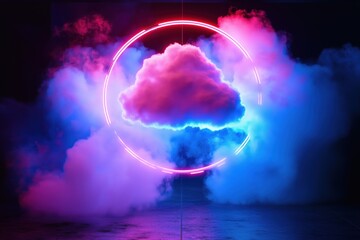 Poster - Neon cloud surrounded by colorful smoke, vibrant lighting, digital art, modern aesthetic