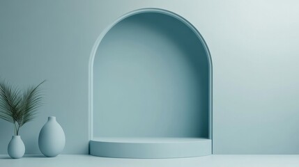 Aufkleber - Minimalist Interior Space with Soft Blue Arch and Decorative Elements for Modern Design and Aesthetic Inspiration