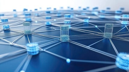 Poster - Abstract Technology Network Visualization with Connected Nodes and Graphical Elements in Blue Tones Representing Data Flow and Digital Communication Systems