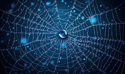 Poster - Spider web with dew drops, intricate design, blue background, shimmering droplets, nature's beauty