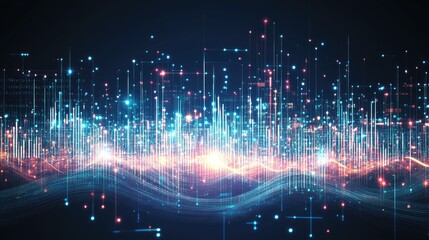 Poster - Abstract digital visualization of vibrant soundwave signals with glowing lines, colorful dots, and a dark background representing modern technology and data analysis