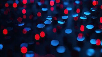 Poster - Abstract image featuring colorful circles illuminated by deep blue and vibrant red lights against a soft blurred background, creating a dreamy and energetic atmosphere.