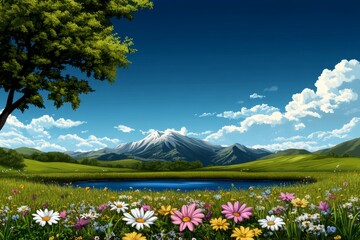 Aufkleber - Pixel art of a colorful spring meadow with flowers and a small pond, bright retro colors and 8-bit style