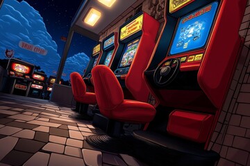 Poster - Pixel art of a retro arcade scene with classic games, vibrant neon colors, and 8-bit characters