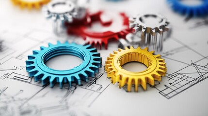 Aufkleber - Colorful gears resting on engineering blueprint representing industrial design