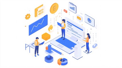 Aufkleber - Software developers working on laptops and managing data analysis, charts and statistics