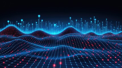 Poster - Abstract digital landscape with glowing blue lines and red dots representing data waves in a futuristic technology background for innovation themes