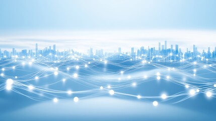 Poster - Abstract representation of digital connections flowing over water, illustrating technology, communication, and modernity against a serene blue background.