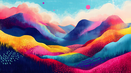 Sticker - A colorful painting of a landscape with mountains and hills, AI