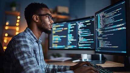 Poster - Focused software developer working on code at night in office