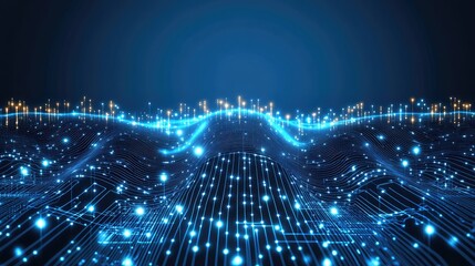 Poster - Abstract digital wave of glowing particles and lines representing data flow in a deep blue space, ideal for technology and innovation themes in stock imagery.