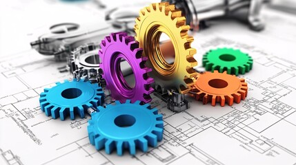 Aufkleber - Colorful gears laying on engineering blueprint representing innovative engineering and design