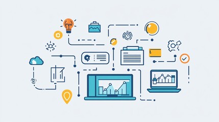 Poster - Laptops showing charts and business activities connected to icons symbolizing a digital workflow