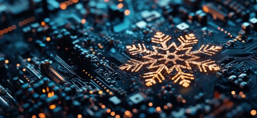 Poster - Circuit board snowflake design, intricate electronic components, glowing lights, winter theme, technology meets art