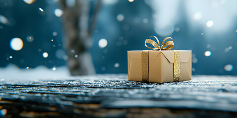 Poster - beautifully wrapped gift box on snowy wooden surface, evoking holiday joy