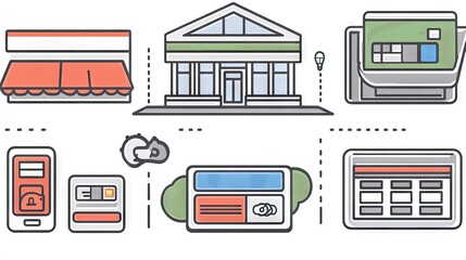 Poster - Vector Illustrations of Banking, Payment Methods, Mobile Transactions, and Financial Services Featuring Storefront, Bank, Card, and Digital Interface Elements