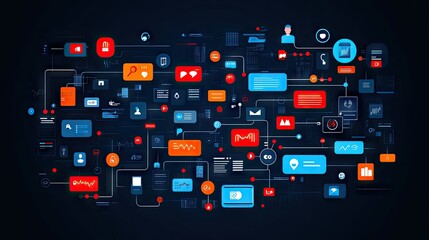 Poster - Abstract Digital Interface with Colorful Icons and Symbols Representing Modern Communication and Data Analysis in a Connected World