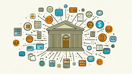Poster - Abstract illustration representing the connection between finance and technology, showcasing a building surrounded by various icons related to banking, data, and digital tools.