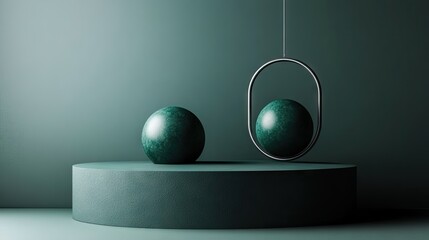 Poster - Minimalist Still Life Composition Featuring Green Marble Spheres and a Modern Geometric Frame on a Textured Circular Surface with a Soft Light Background