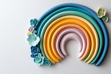 Poster - Simple rainbow arc in pastel shades on a clean white background, minimalist design with soft colors