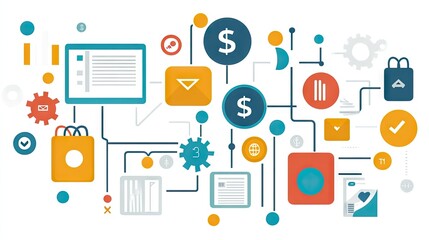 Poster - Colorful abstract digital interface with icons representing finance, communication, shopping, technology, and data management in a vibrant, modern design