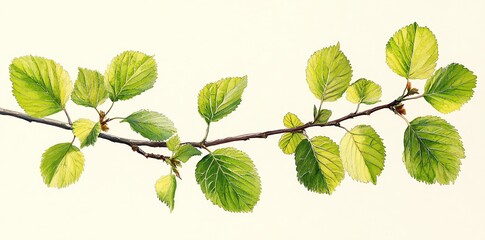 A branch of a tree with green and yellow leaves isolated on a white background.