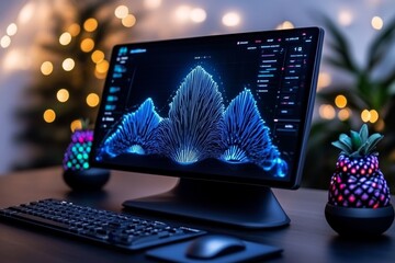 Aufkleber - Vibrant 3D illustration of a futuristic financial dashboard with holographic graphs in neon light