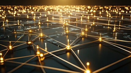 Poster - Abstract digital network with glowing nodes creating intricate connections on a dark background, symbolizing technology, communication, and innovation in modern systems.