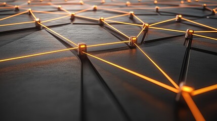 Poster - Abstract Digital Network with Glowing Orange Lines and Geometric Nodes on Dark Surface Representing Connectivity and Data Exchange in Technology
