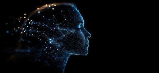 Poster - Digital human silhouette with neural network connections, glowing lights, abstract representation of artificial intelligence and technology