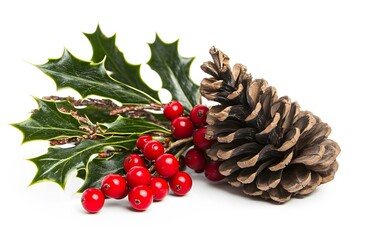 pine cone, holly leaf, and red berries on a white background