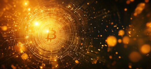 Poster - Bitcoin symbol glowing in digital vortex, surrounded by golden particles and light effects, representing cryptocurrency technology and innovation.