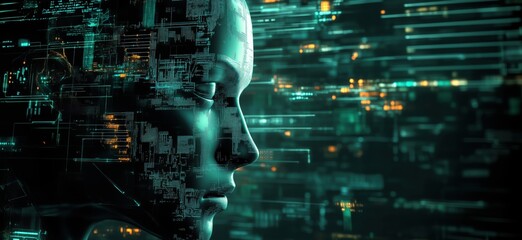 Poster - Futuristic humanoid face with digital data overlay, showcasing advanced technology and artificial intelligence concepts