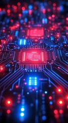 Aufkleber - A close-up of a circuit board with glowing red and blue lights, highlighting the central processing unit.